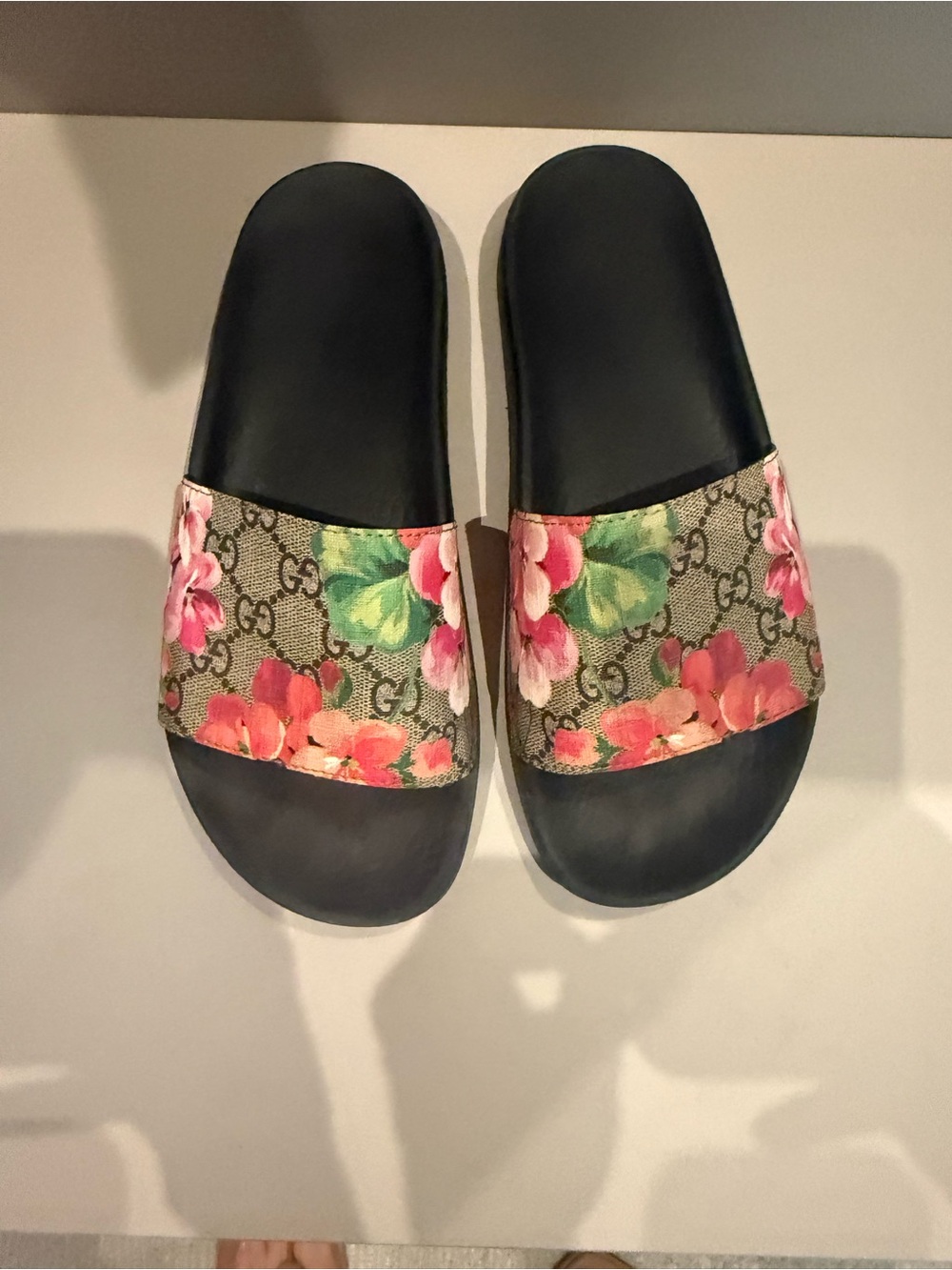 Gucci Floral Monogram Slide Sandals in Black with Pink & Green Flowers